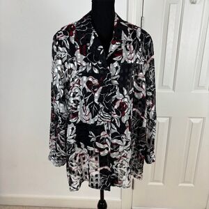 Alison Daley Women's 22W Floral Print‎ Sheer Button Down Long Sleeve Top